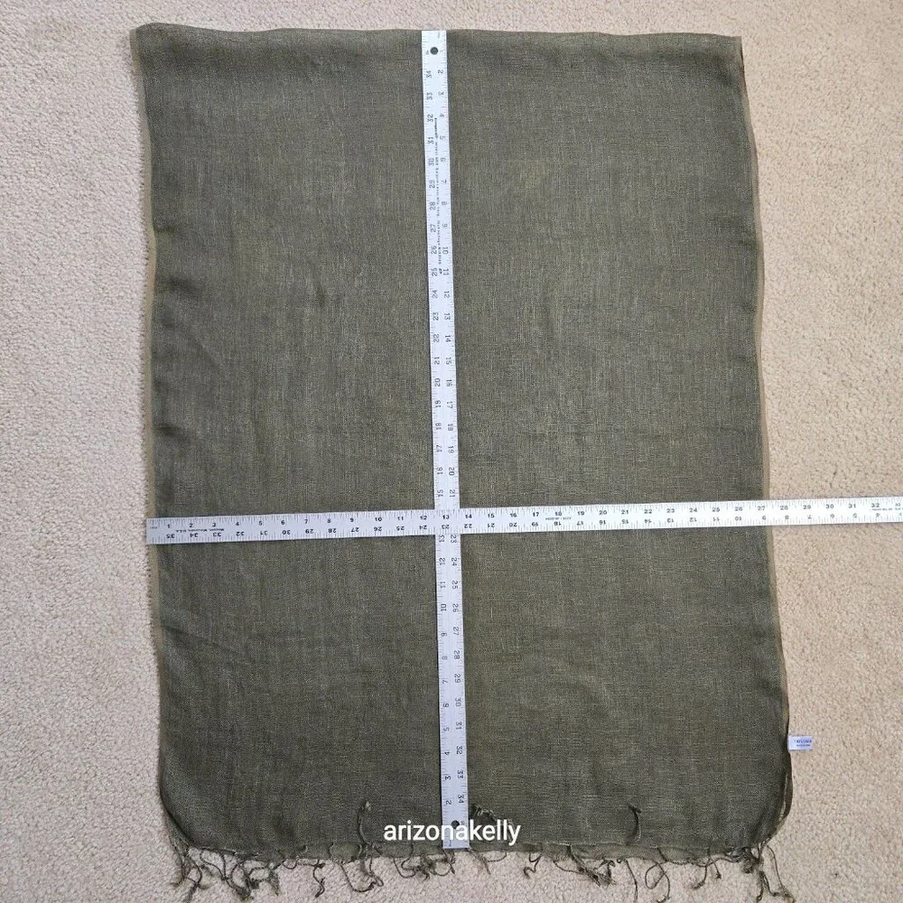 Linen Scarf Olive Green Fringe - Picture 2 of 9